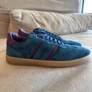 Ferragamo Men’s Achilles Suede Low Top Sneakers Blue Teal Oxblood - NEW in box